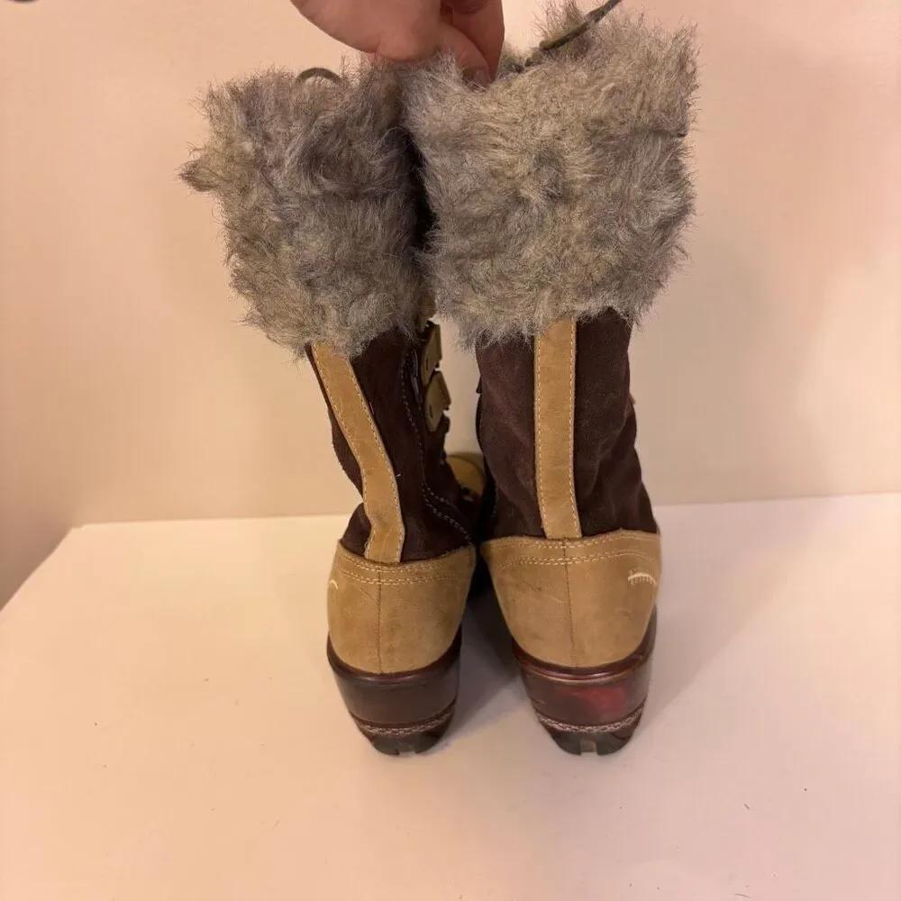 Jambu Brown and Tan Suede Lace Up Fur Top Heeled Tall Boots‎ 6